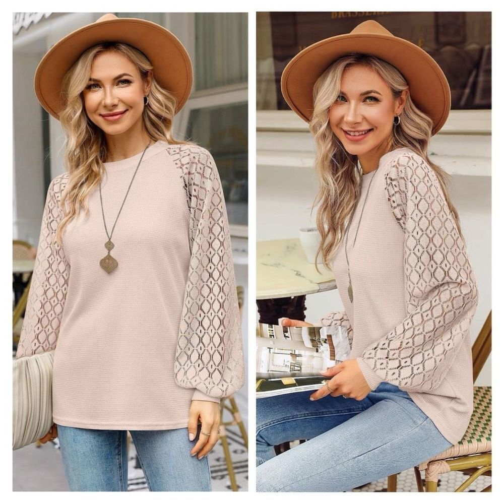 MIHOLL Women’s Long Lace Sleeves Top Blouse Casual Loose Size Large